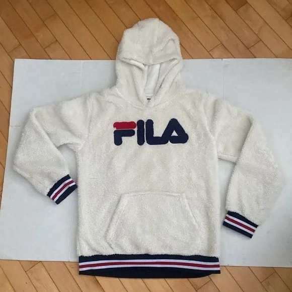 FILA Long sleeved Cream & Navy Fleece Teddy Bear Hoodie Girls size 14/16 X-Large - Picture 9 of 13